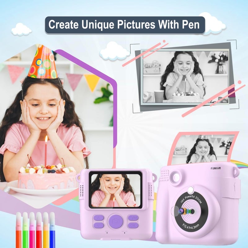 FUNKAM Instant Print Camera for Kids - 2.4" HD 1080P - with 32GB SD Card, 5 Markers, Stickers, 5 Paper Rolls, Lanyard. Camera Boys and Girls from 3 to 14 Years Old. (Purple) - Image 4
